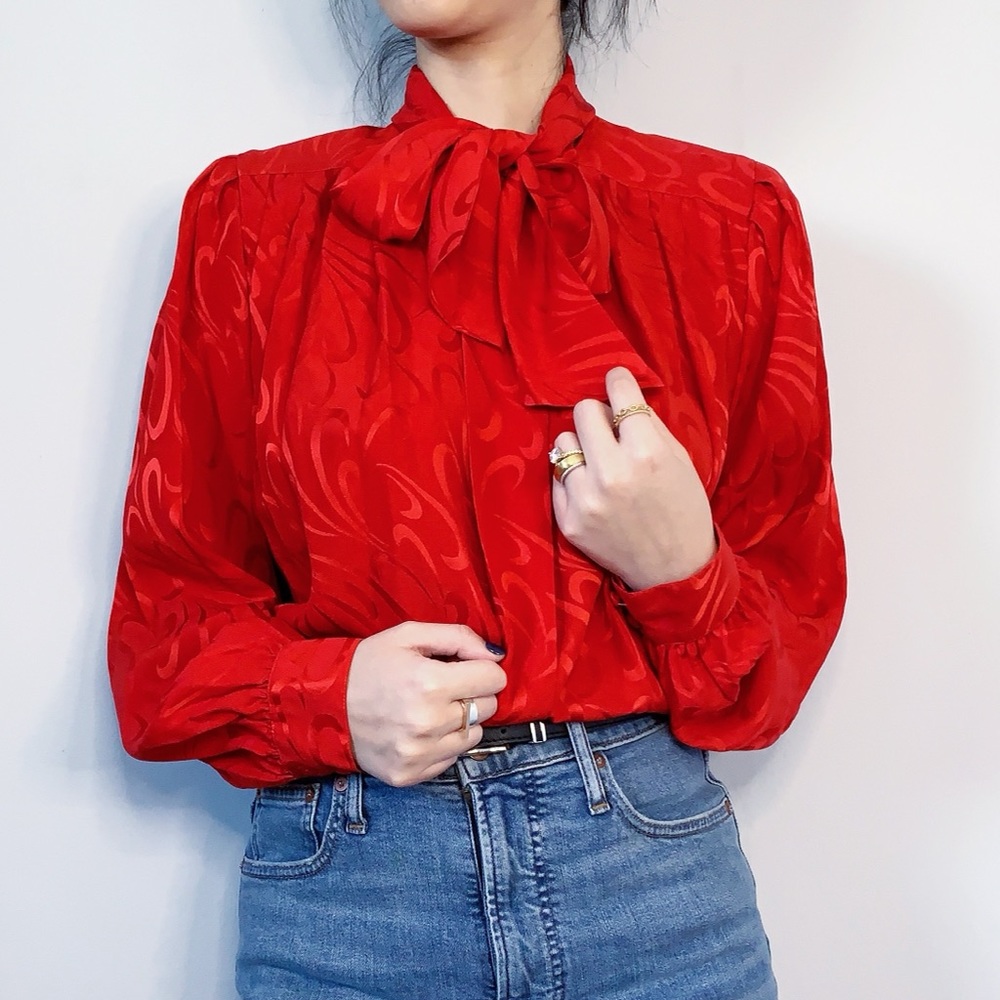 Vintage Silk Red Blouse Button Down with Pleats